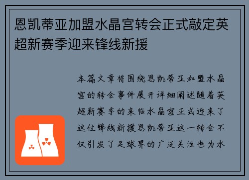 恩凯蒂亚加盟水晶宫转会正式敲定英超新赛季迎来锋线新援