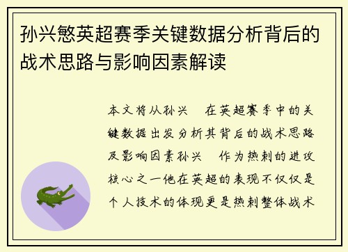 孙兴慜英超赛季关键数据分析背后的战术思路与影响因素解读 孙兴慜英超赛季关键数据分析背后的战术思路与影响因素解读