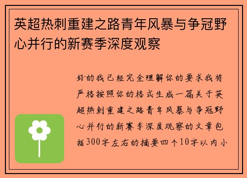 英超热刺重建之路青年风暴与争冠野心并行的新赛季深度观察 英超热刺重建之路青年风暴与争冠野心并行的新赛季深度观察